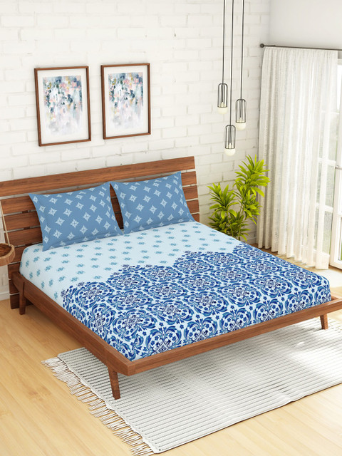 

SPACES Blue & White Ethnic Motifs 144 TC Cotton 1 Queen Bedsheet with 2 Pillow Covers