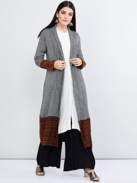 

max Women Grey Printed Open Front Shrug