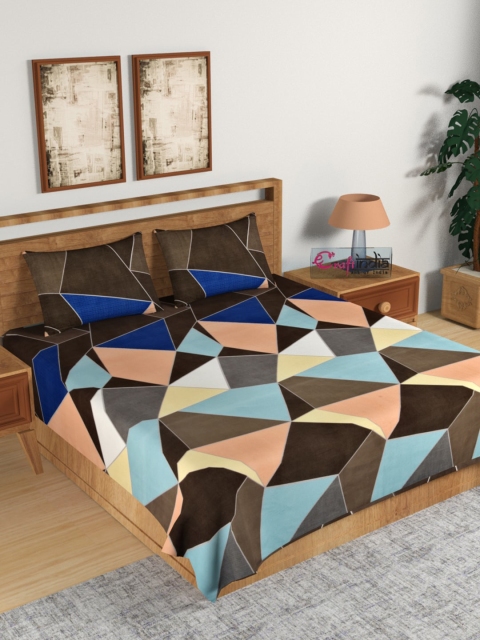 

eCraftIndia Brown & Blue Geometric 140 TC Cotton 1 King Bedsheet with 2 Pillow Covers