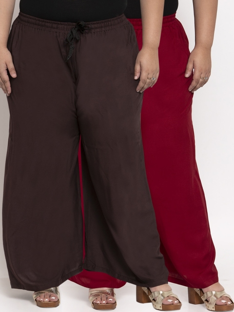 

TAG 7 PLUS Women Pack Of 2 Solid Straight Palazzos, Brown