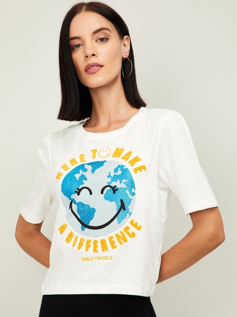 

SmileyWorld Women Off-White Printed Round Neck T-shirt