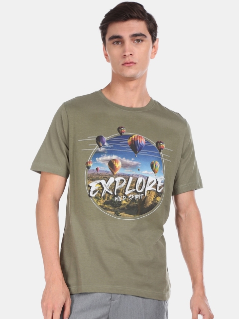 

Colt Men Olive Green Printed Cotton Round Neck T-shirt