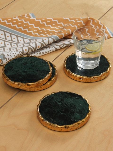

House This Set Of 4 Green & Gold-Coloured Solid Marble Coasters