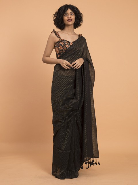 

Suta Black & Gold-Toned Pure Cotton Zari Striped Saree