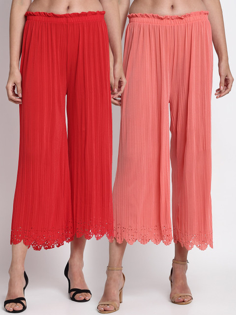

NEUDIS Women Pack of 2 Red & Peach-Coloured Pleated Solid Culottes