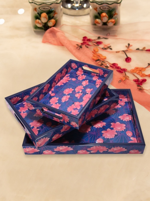 

Tistabene Set Of 3 Blue & Pink Printed Trays