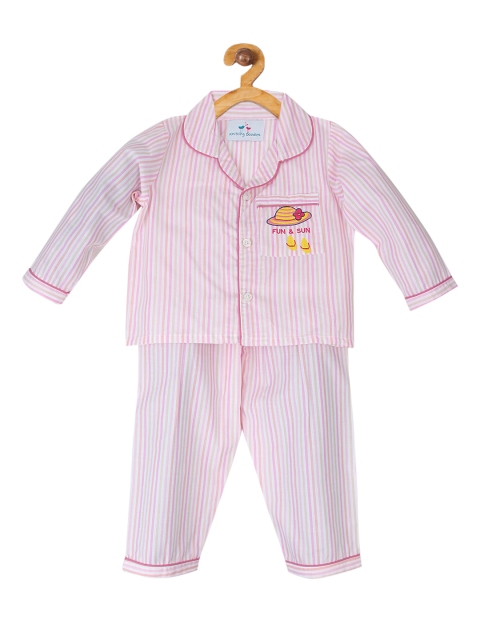 

Knitting Doodles Unisex Kids Pink & White Striped Night suit