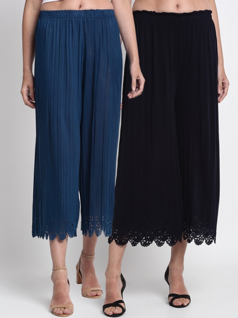 

NEUDIS Women Navy Blue & Teal Hem Design Straight Palazzos