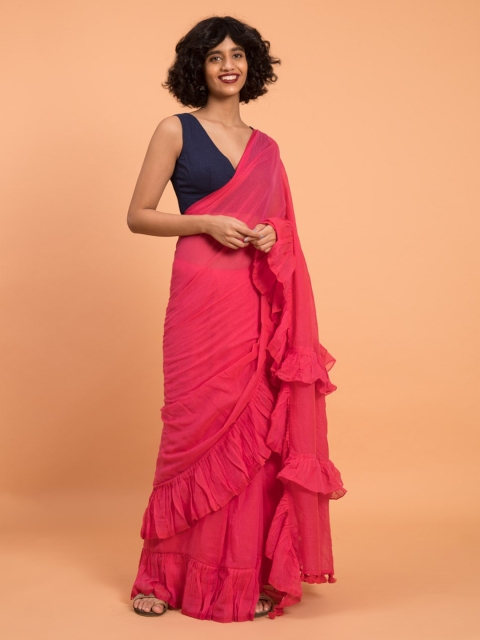 

Suta Pink Solid Pure Cotton Ruffle Saree