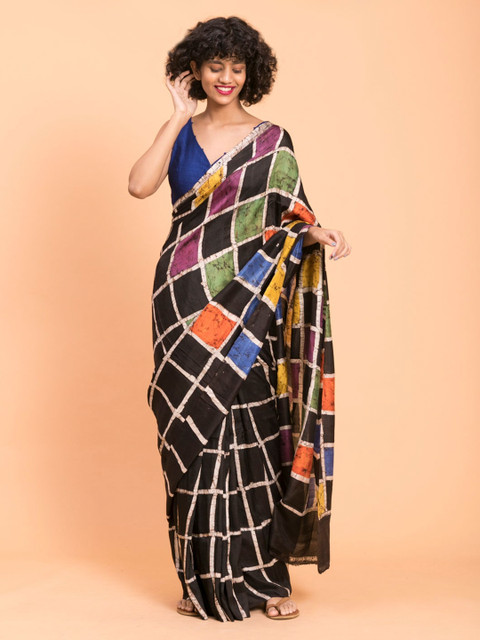 

Suta Black Batik Dyed Checked Mulberry Silk Saree