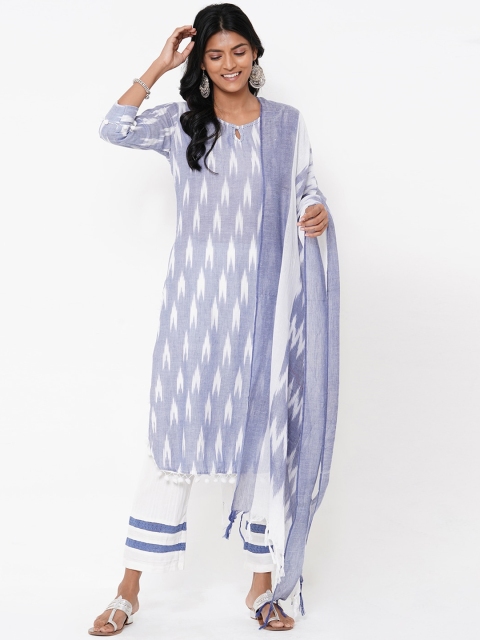 

FASHOR Women Blue & White Woven Design Kurta with Trousers & Dupatta