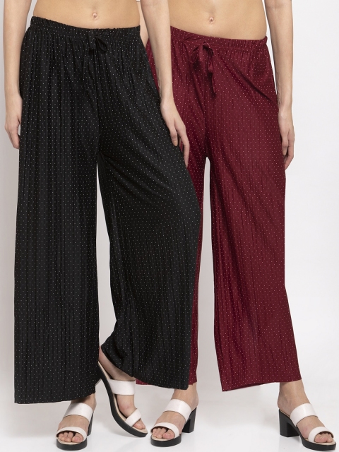 

NEUDIS Women Pack of 2 Maroon & Black Solid Wide Leg Palazzos