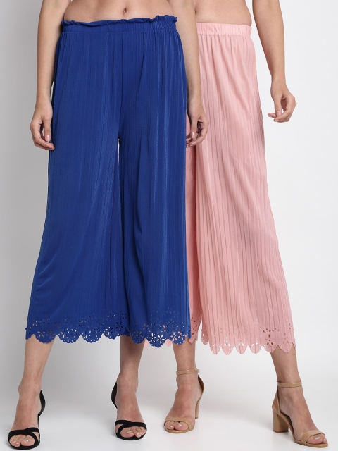 

NEUDIS Women Pack Of 2 Solid Wide Leg Palazzos, Blue