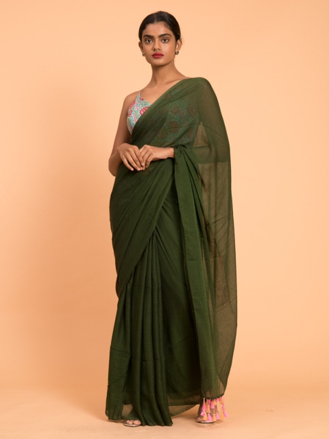 

Suta Olive Green Solid Saree with Tassled Pallu