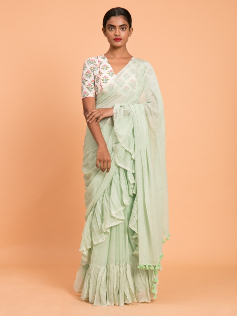 

Suta Lime Green Solid Pure Cotton Ruffle Saree