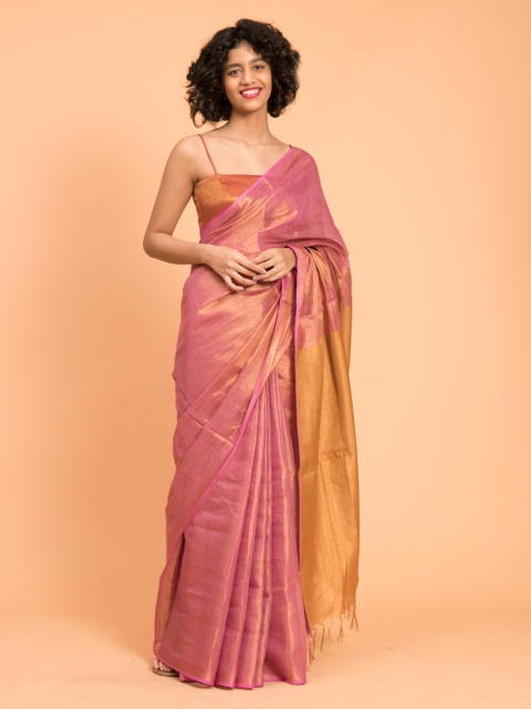 

Suta Pink Colourblocked Linen Blend Zari Saree