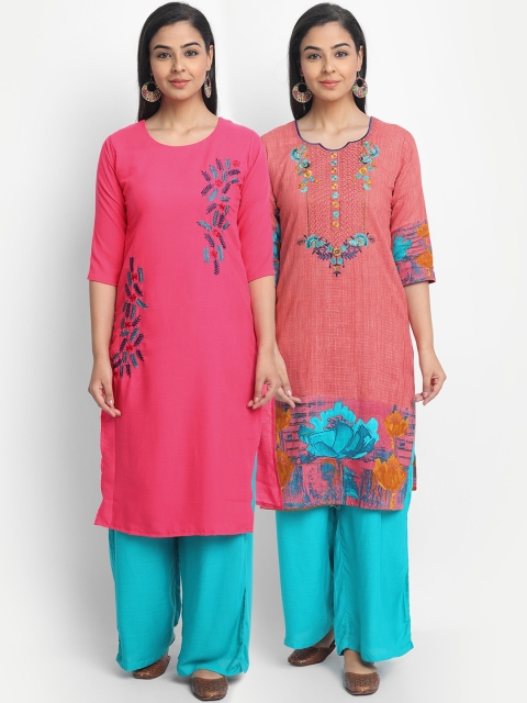 

7Threads Women Pack Of 2 Embroidered Thread Work Kurtas, Pink
