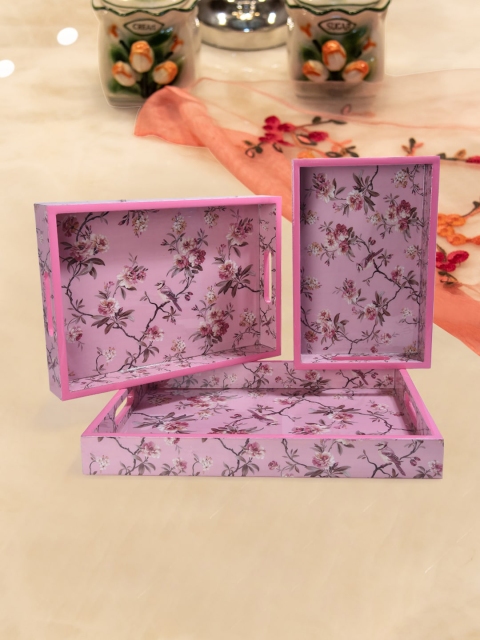 

Tistabene Set Of 3 Pink & Grey Floral Printed Wooden Trays