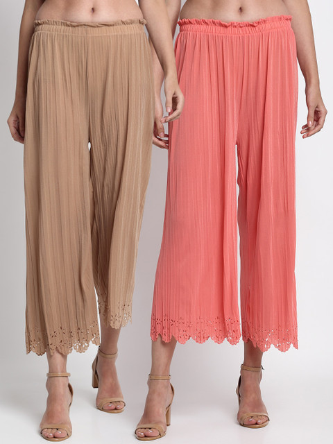 

NEUDIS Women Beige & Peach-Coloured Hem Design Straight Palazzos