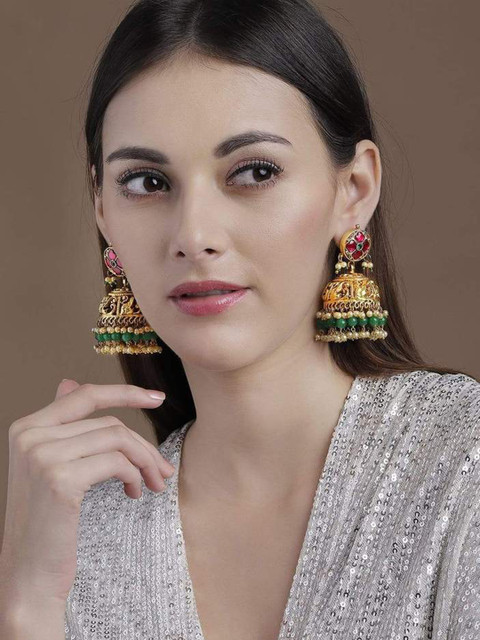 

rubans LUXURY 22K Gold-Plated Green Dome Shaped Jhumkas