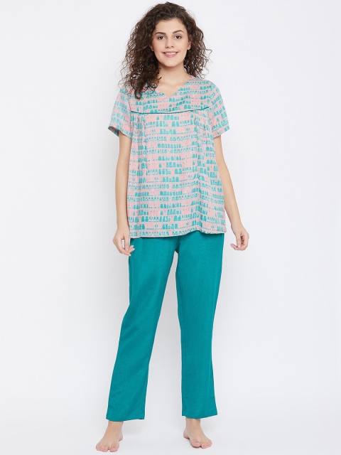 

Clovia Women Green & Pink Print Me Pretty Feeding Top & Pyjama Set LS0349P17