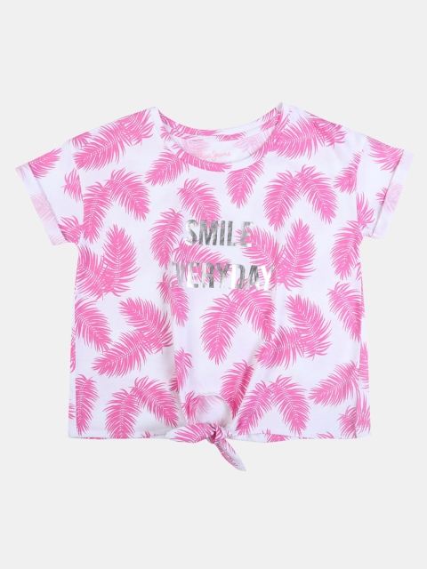 

Pepe Jeans Girls Off-White Pink Printed Round Neck Pure Cotton T-shirt