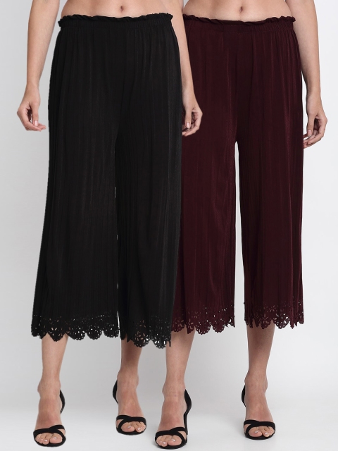 

NEUDIS Women Pack Of 2 Maroon & Green Flared Solid Culottes