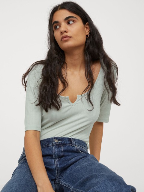 

H&M Women Pastel Green Ribbed Thong Bodysuit