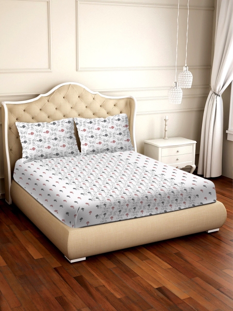 

BELLA CASA Grey & Green Floral 250 TC Cotton 1 King Bedsheet with 2 Pillow Covers