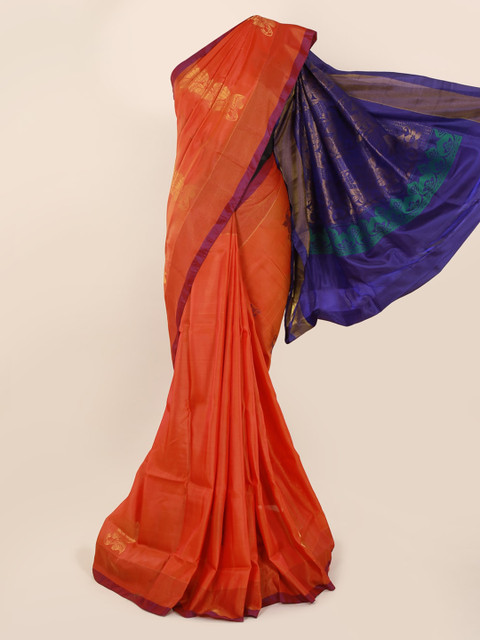 

Pothys Orange & Blue Art Silk Solid Kanjeevaram Saree