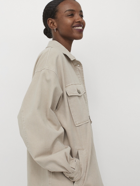 

H&M Women Beige Solid Oversized Shirt Jacket