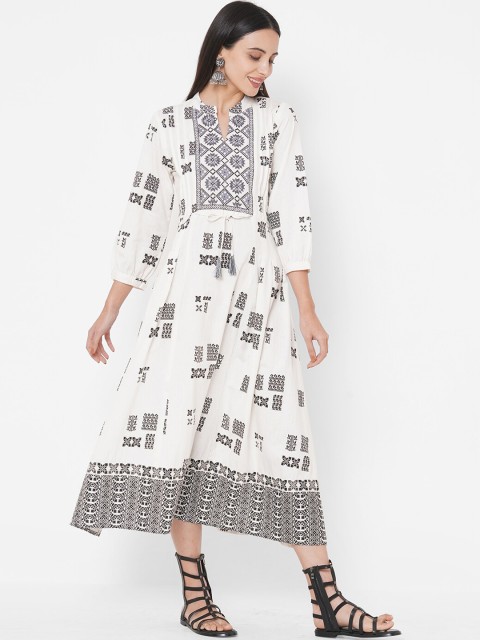 

FASHOR Women White & Black Embroidered Fit and Flare Dress
