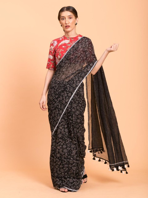 

Suta Black Cotton Block Print Saree With Tasseled Pallu