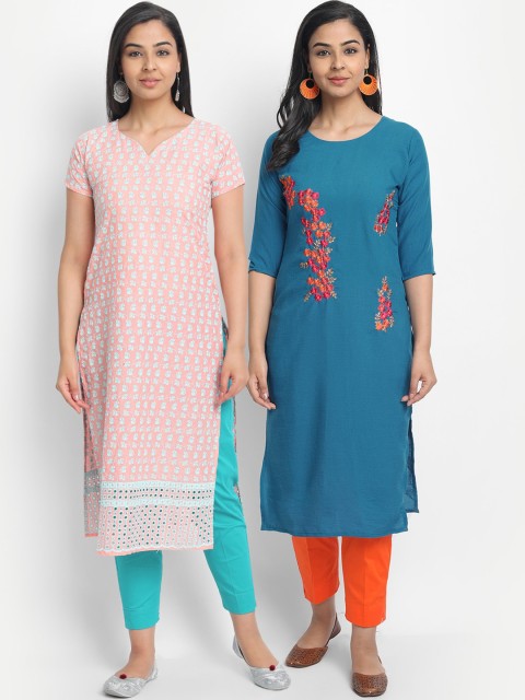 

7Threads Women Pack Of 2 Blue & Pink Floral Embroidered Chikankari Kurtas
