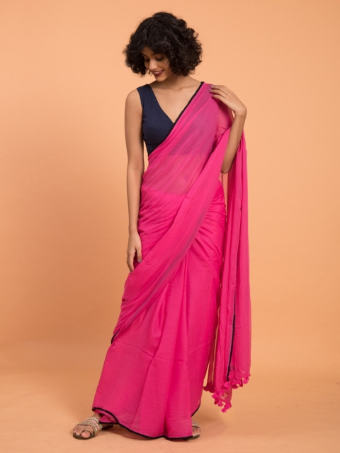 

Suta Pink Solid Pure Cotton Saree with Black Frill