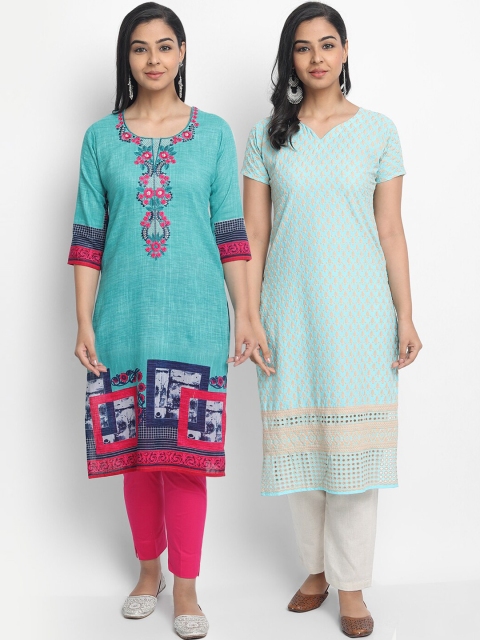 

7Threads Women Pack Of 2 Blue Floral Embroidered Thread Work Kurta