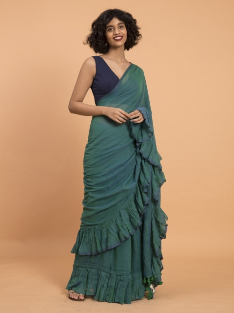 

Suta Turquoise Blue Pure Cotton Ruffle Saree