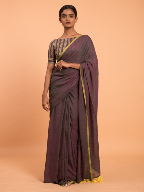 

Suta Purple Solid Cotton Blend Saree with Tassled Pallu
