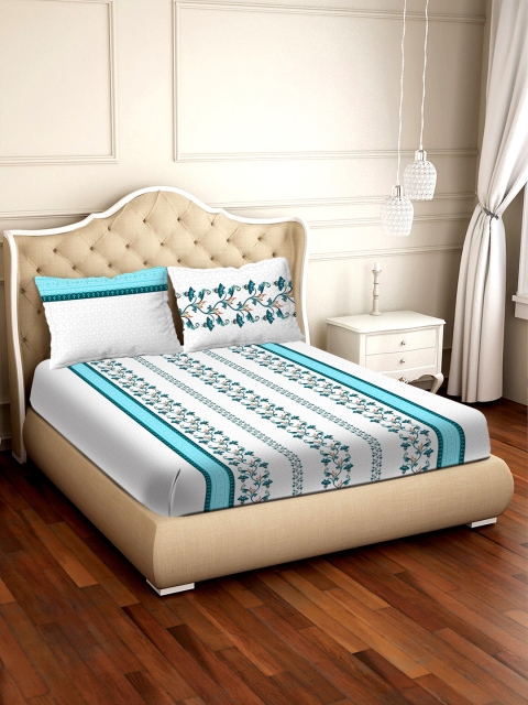 

BELLA CASA Blue & White Floral 250 TC Cotton 1 King Bedsheet with 2 Pillow Covers