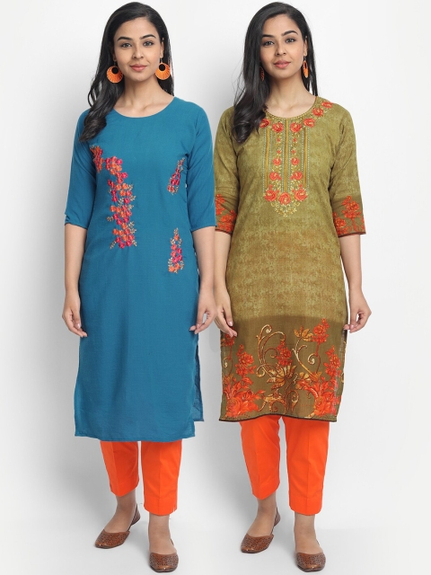 

7Threads Women Multicoloured Pack of 2 Floral Embroidered Thread Work Kurta, Multi