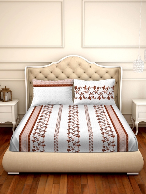 

BELLA CASA White & Brown Floral 250 TC Cotton 1 King Bedsheet with 2 Pillow Covers