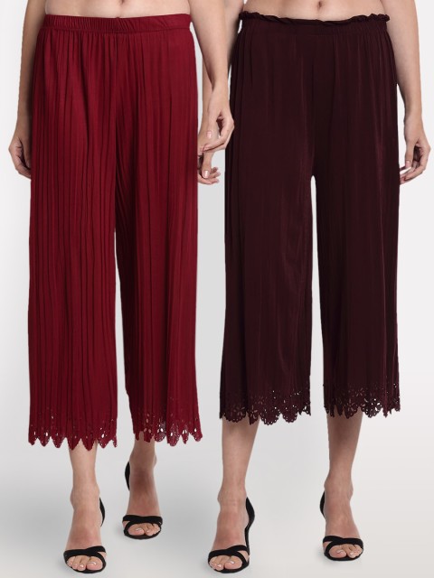 

NEUDIS Women Pack of 2 Maroon & Brown Pleated Solid Culottes