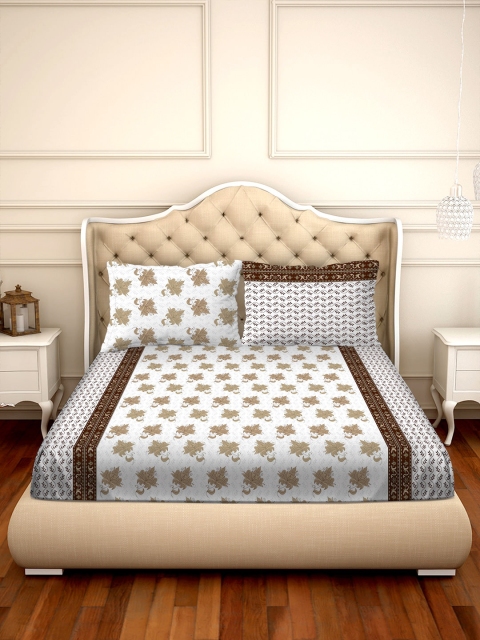 

BELLA CASA White & Brown Ethnic Motifs 250 TC Cotton 1 King Bedsheet with 2 Pillow Covers