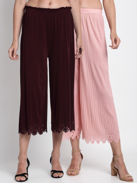 

NEUDIS Women Pack of 2 Maroon & Pink Pleated Solid Culottes