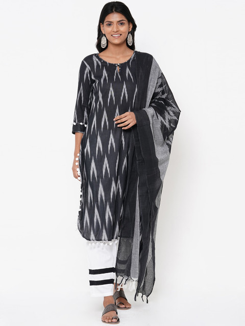 

FASHOR Women Black & White Self Design Kurta with Palazzos & Dupatta
