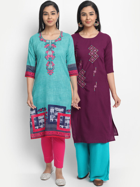 

7Threads Women Pack Of 2 Blue Floral Embroidered Thread Work Kurta