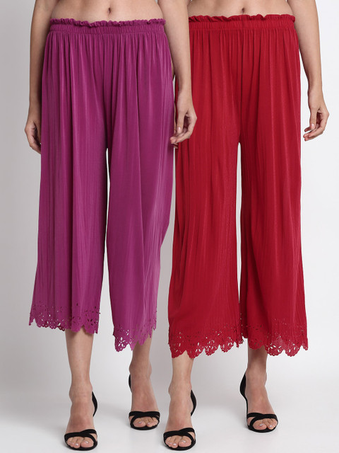 

NEUDIS Women Maroon & Purple Hem Design Straight Palazzos
