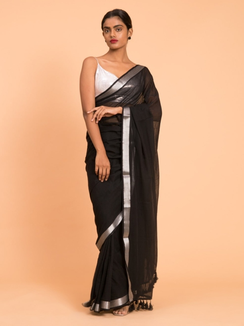 

Suta Black Solid Pure Handloom Cotton Saree with Tasseled Pallu