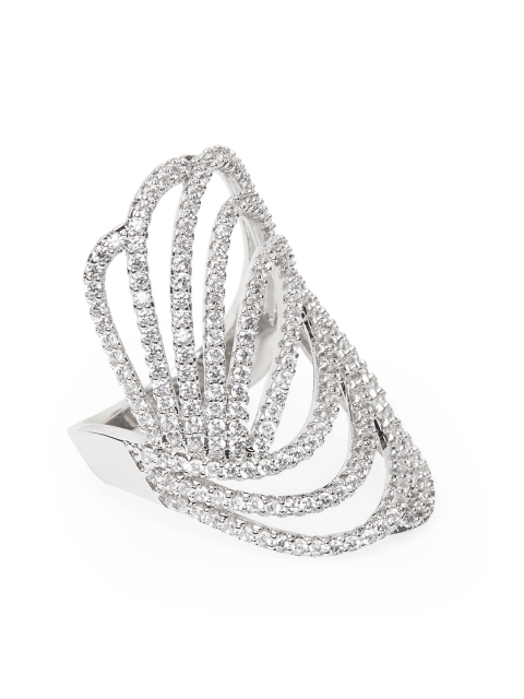 

shaze Silver-Toned & White CZ Studded Finger Ring