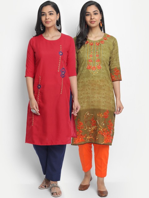 

7Threads Women Multicoloured Pack of 2 Floral Embroidered Thread Work Kurta, Multi